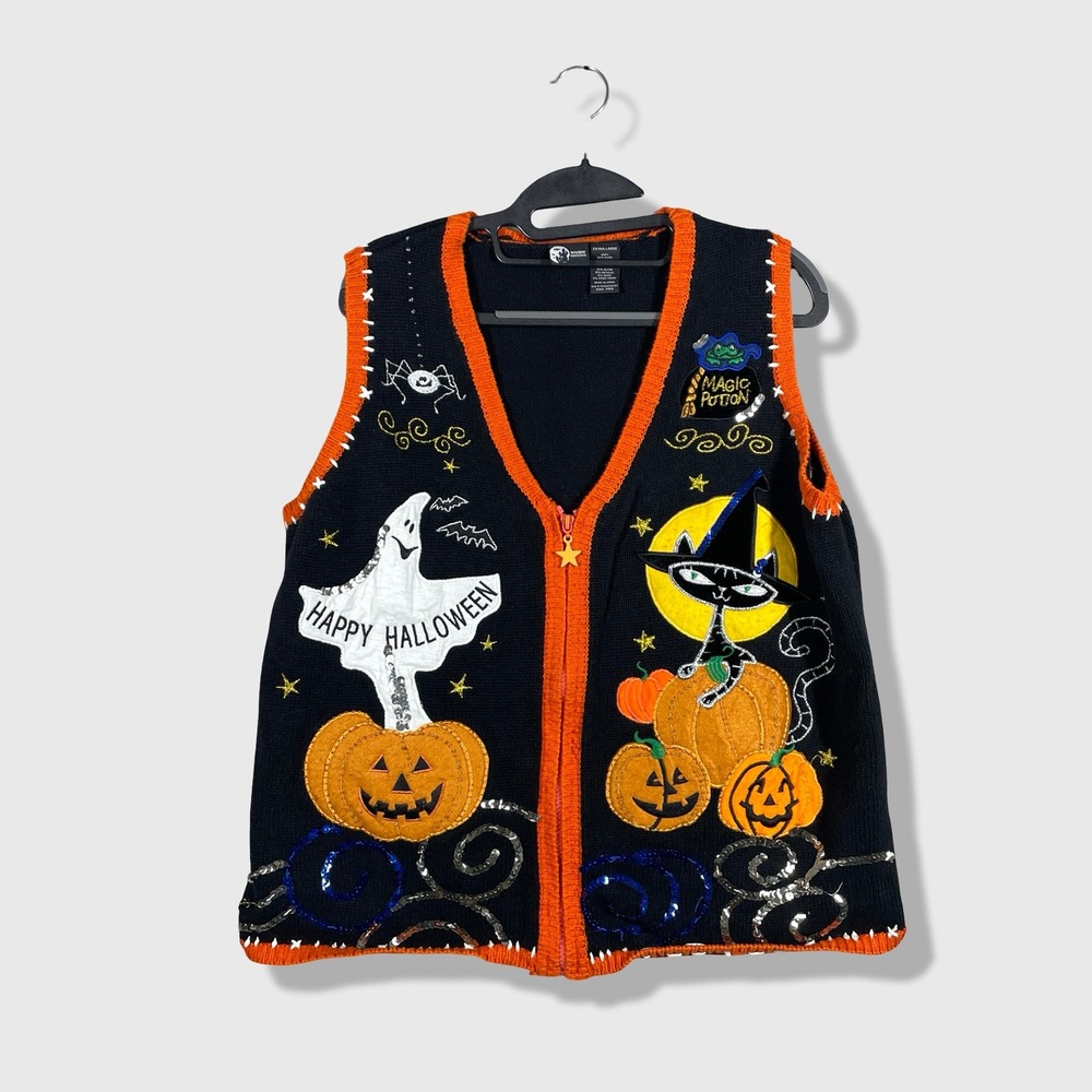 Holiday Editions Halloween Vest Women XL Black Kitsch Spooky Festive Novelty